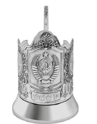 С36510 Подстаканник "Герб СССР" посеребренный, стакан, ложка, подарочная упаковка
