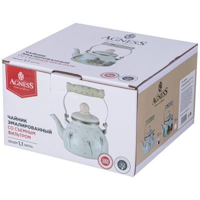 943-051 ЧАЙНИК AGNESS ЭМАЛИРОВАННЫЙ 1,1л СО СЪЕМНЫМ ФИЛЬТРОМ ИЗ НЖС,